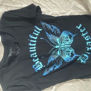 Black Tee with Blue Gothic Text